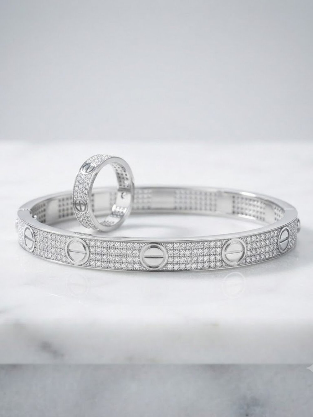 925 Sterling Silver Moissanite Screw Motif Bangle & Ring Set 7
